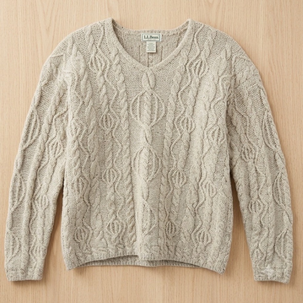 Vintage LL Bean Cable Knit Sweater Women M Oatmeal Thick 100% Wool Fisherman